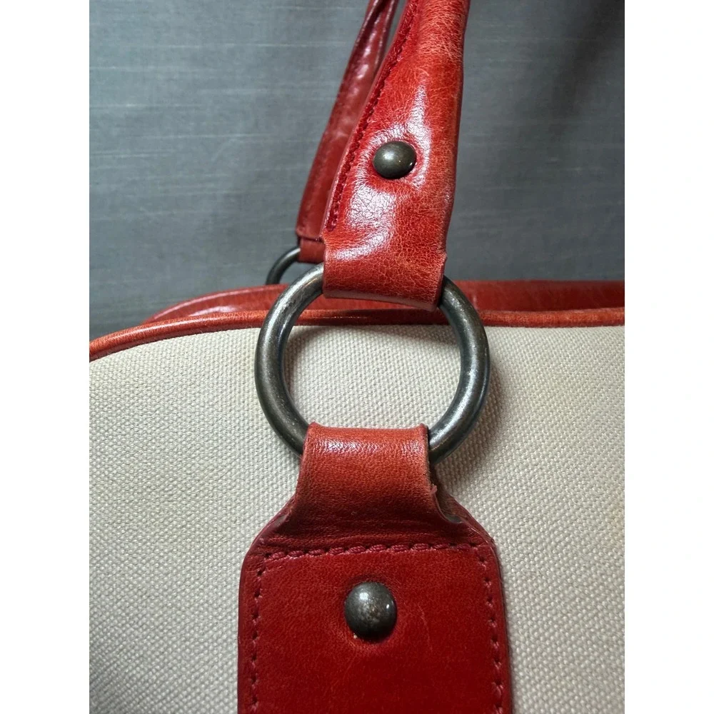 77. Vintage Nordstrom East‎ West Canvas Burnt Orange Leather Satchel Tote Bag
